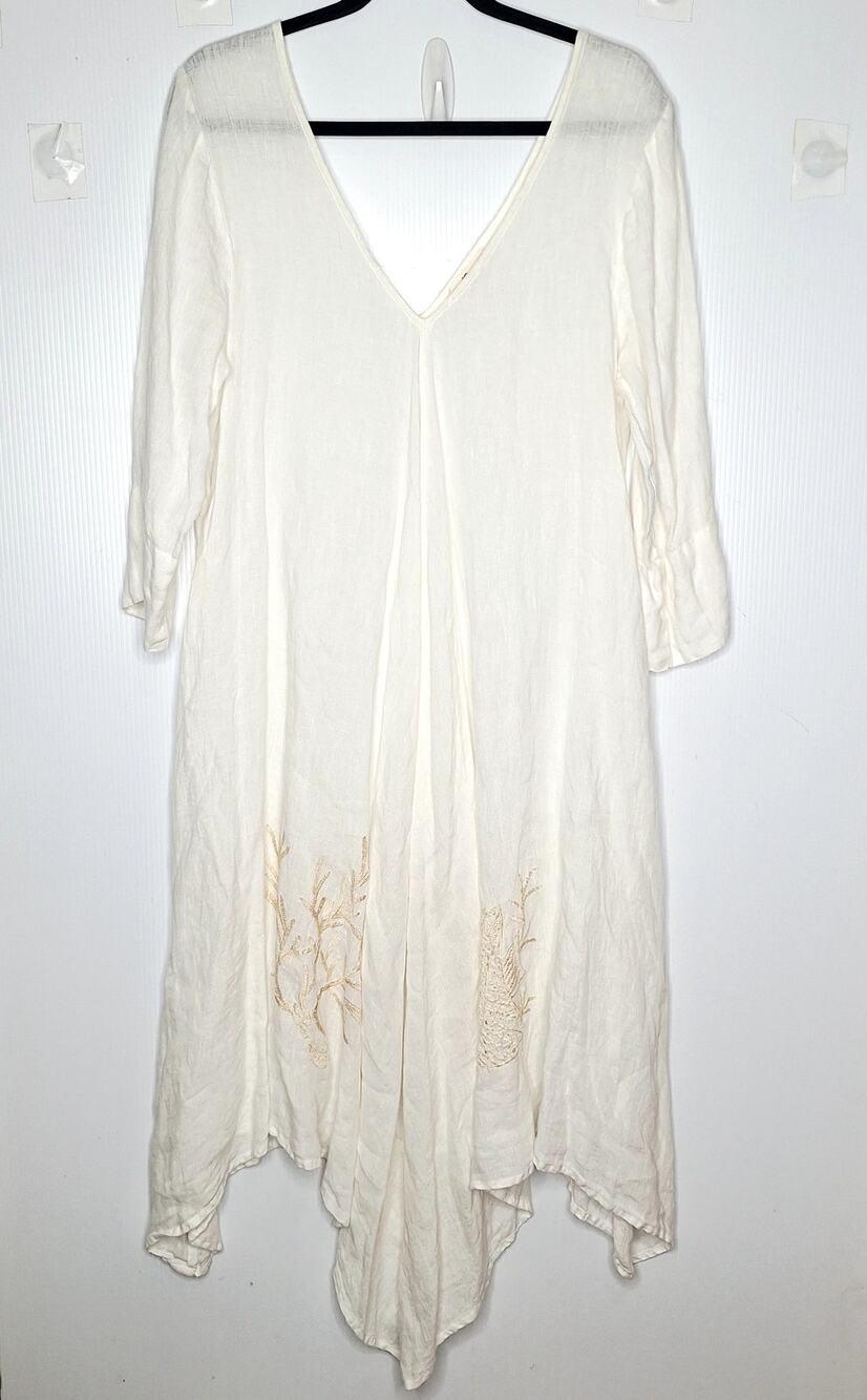 Antica Sartoria Linen Embroidered Midi Dress Swim Cover Up Coral Fish 3 L Beachy